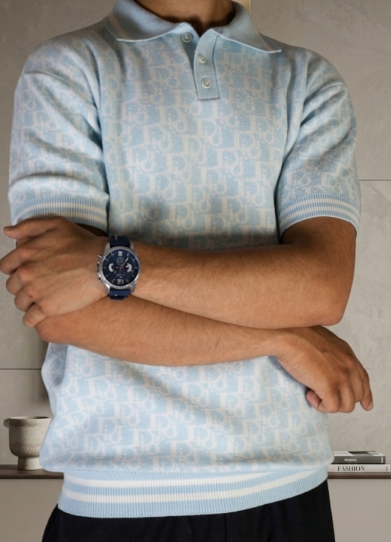 Dior-Style Monogram Textured Sky Blue Polo Shirt